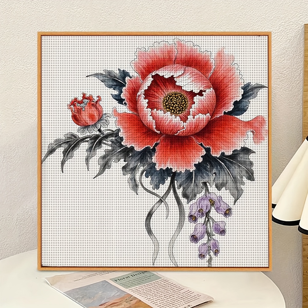 11CT Frameless DIY Cross Stitch Kit, A Painted Peony with Buds