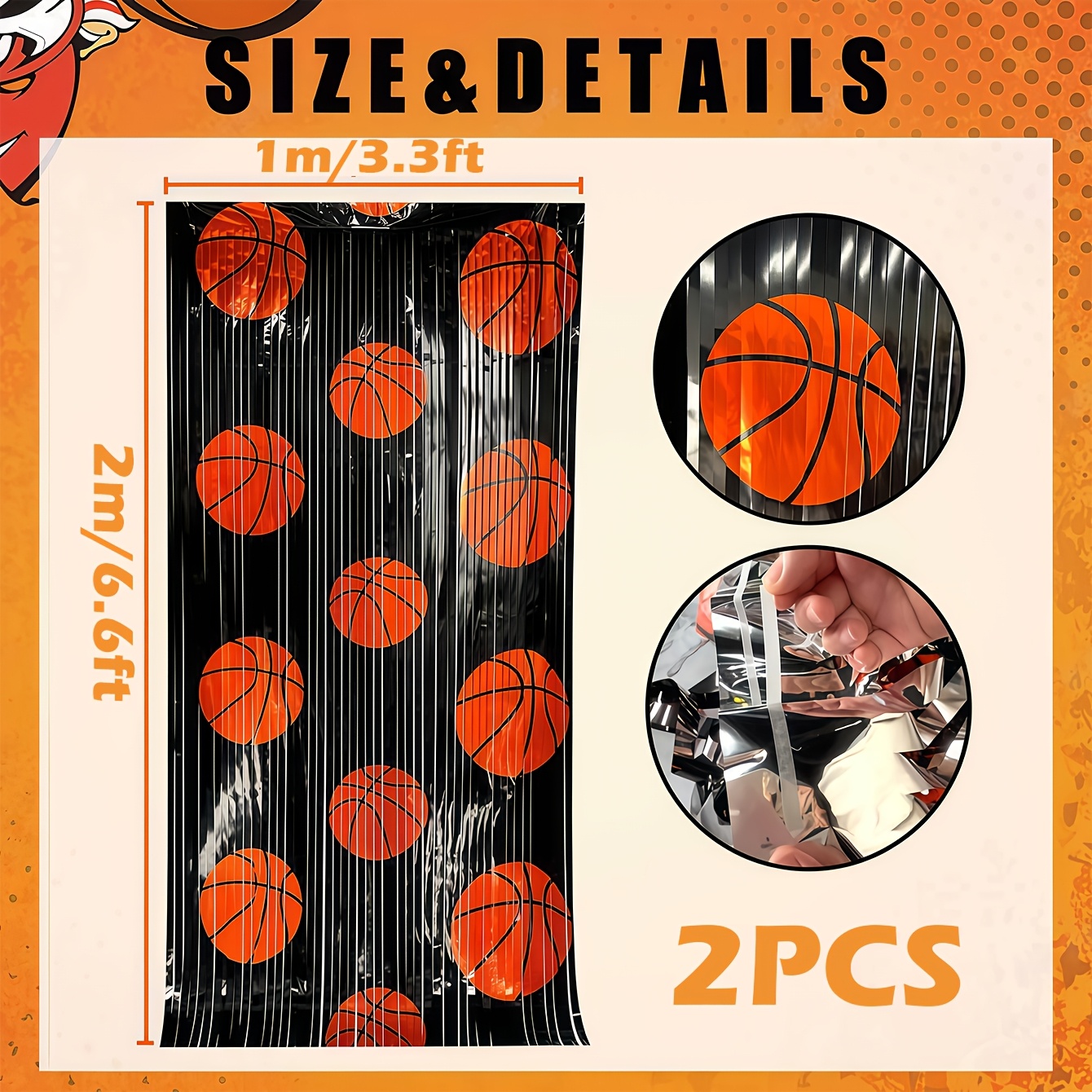 TEMU 2pcs Sports Themed Tassel Backdrop Metal Tassel Photo Booth Props, Basketball Print Design, For Birthday Graduation Basketball Games Sports