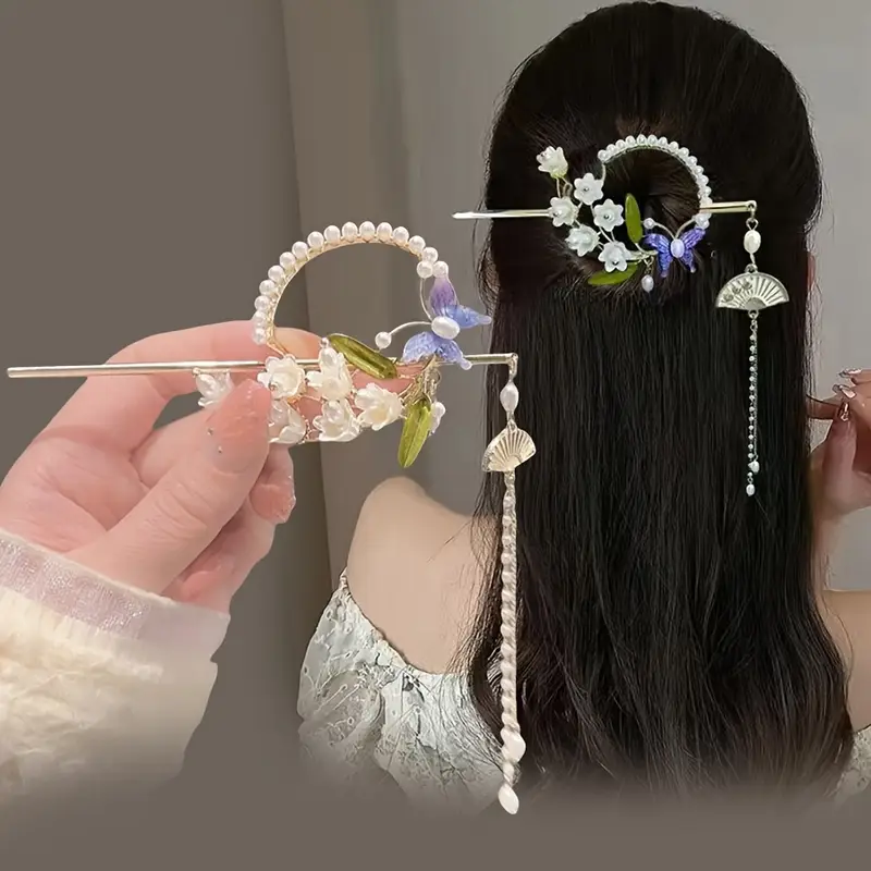 elegant chinese style floral hairpin with tassel elegant hair accessory for women traditional cheongsam and hanfu outfits pearl and leaf design hair accessories for women cheongsam hairstyle cheongsam style intricate   Product details 1