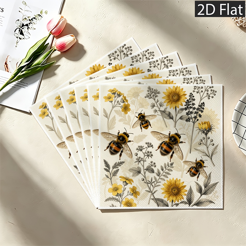 TEMU 2d Flat 20pcs Disposable Paper Napkins, 2-ply For Extra Durability, Vintage Botanical Illustration With Yellow Flowers And Realistic Bees-