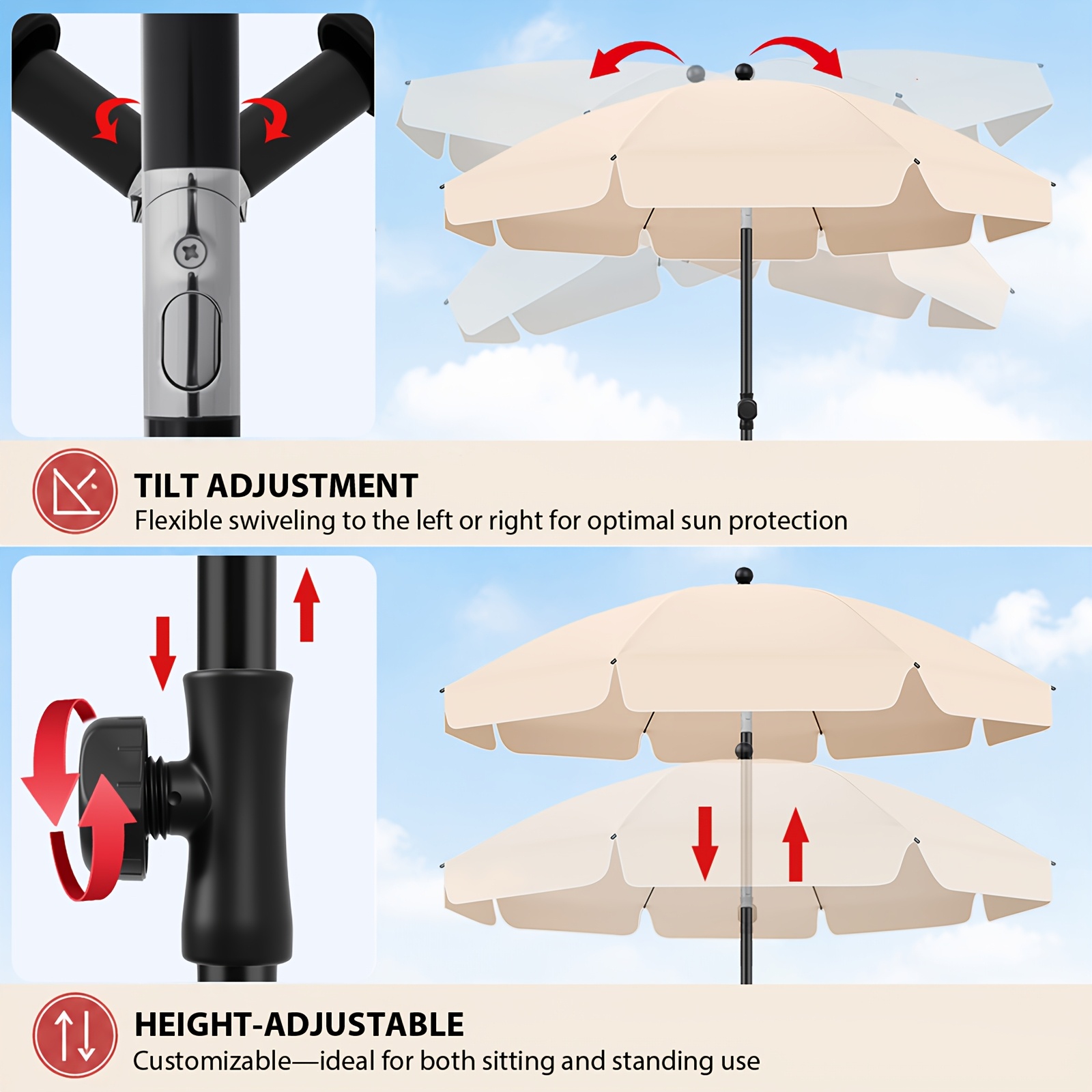 Image of 200cm Beach Umbrella, Adjustable Height And Tilt Patio Umbrella, Portable Outdoor Sun Shade Umbrella For Beach Backyard, Metal Pole With Pointed Ground Spike