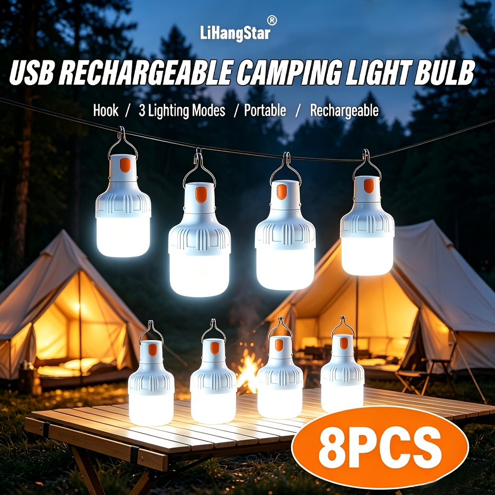 TEMU Lihangstar 4/8pcs Usb Rechargeable Outdoor Camping Bulb, Three-speed Dimming, With Hook Lantern, White Light Handheld Lamp, Portable Tent Light,