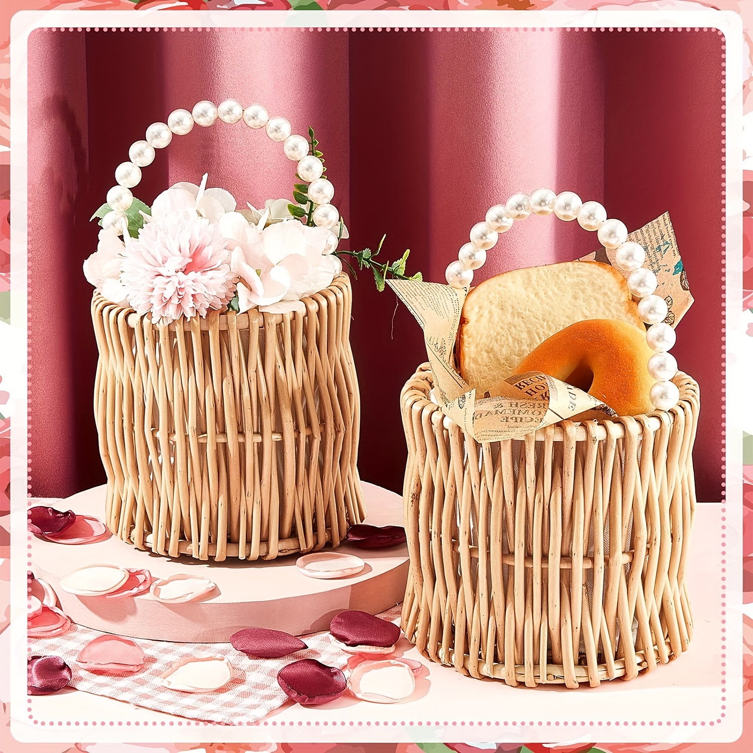 2 cestas de mimbre de ratán para flores, cesta tejida a mano de sauce para  boda con asa y lazo de cinta para almacenamiento
