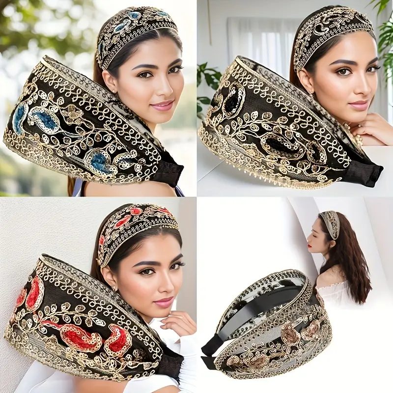 1pc elegant vintage polyester headband with sequins and floral embellishments non slip wide hair accessory for women daily wear spring carnival mardi gras masquerade details 0