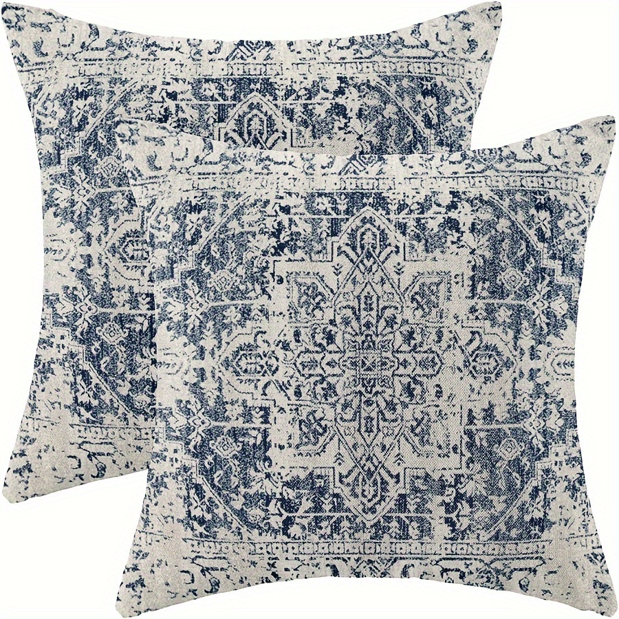 

Set Of 2 Boho Pillow Covers 18x18, Ethnic Design Decorative Throw Pillows Linen Blue Carpet Pattern Farmhouse Cushion Pillow Covers For Sofa Couch Outdoor