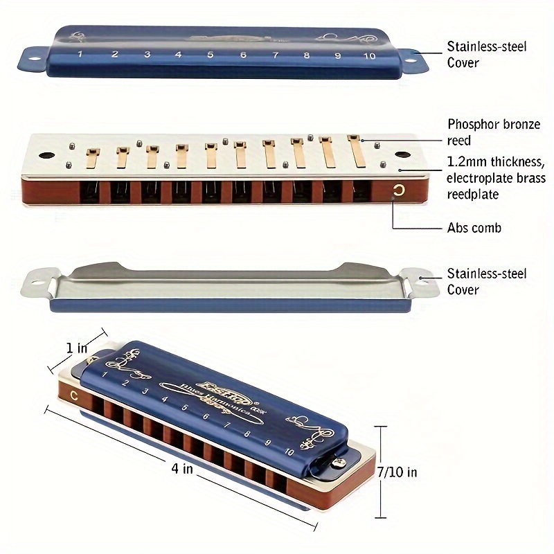 

Top Harmonica, 10 Holes C Key, Metal Mouth Organ With Polished , Includes Case -