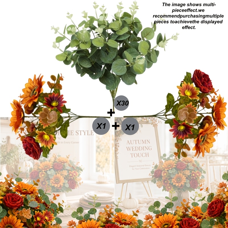 TEMU 32pcs Thanksgiving Autumn Faux , Sunflower, Deep Burgundy Double-petal Flowers, Daisy And Eucalyptus Leaves Mix, Full And Natural, High
