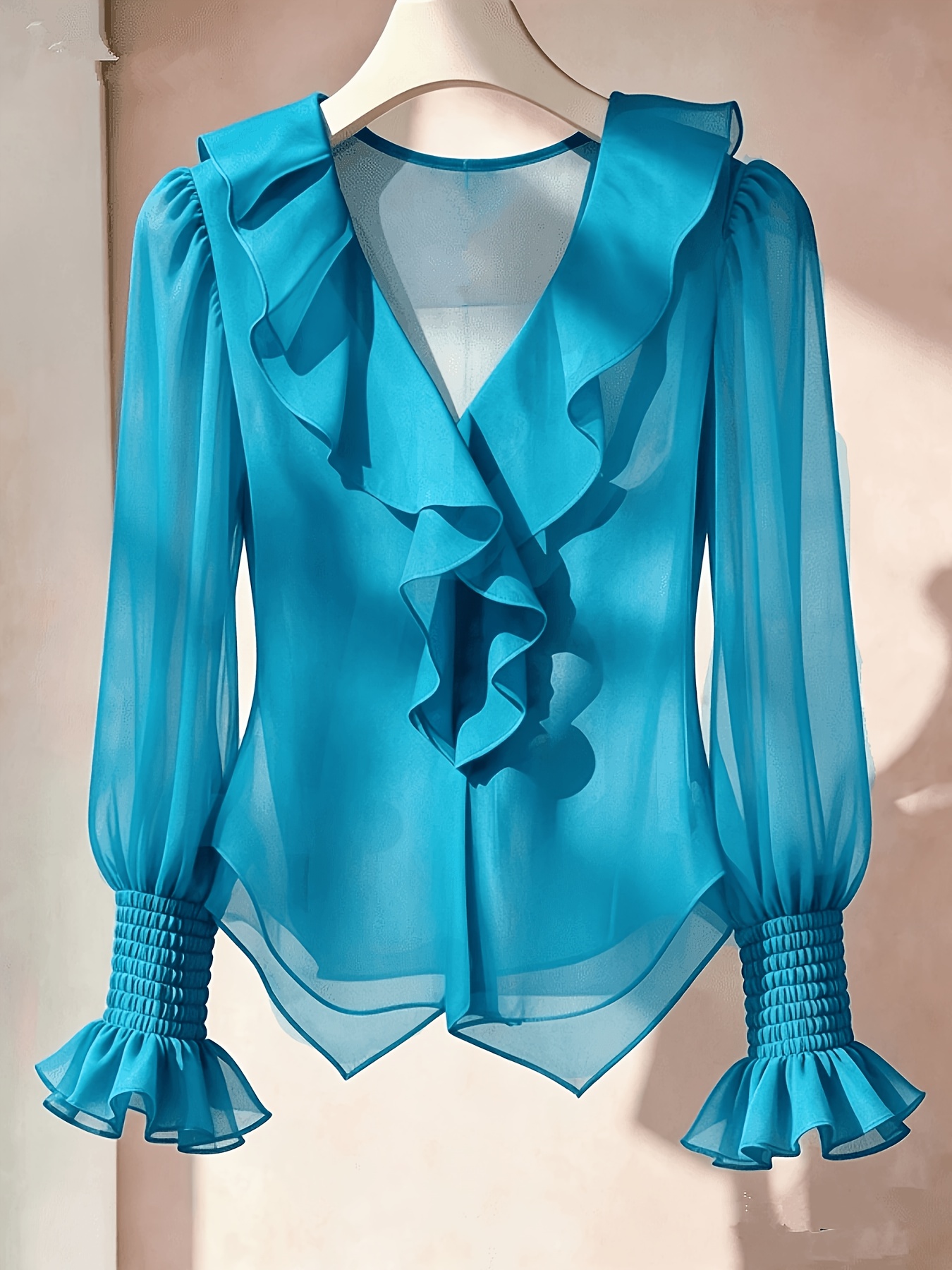 French Solid Puff Sleeve Long Sleeve Shirt Sheer