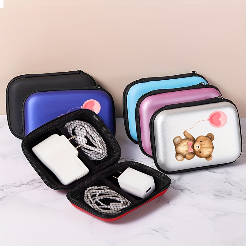 

Cartoon Print Portable Storage Case, 1pc Plastic Earbud & Charging Cable Organizer, 4.53 Inches Pouch With Zipper For Travel & Home Use, Various Colors - Teddy Bear Design