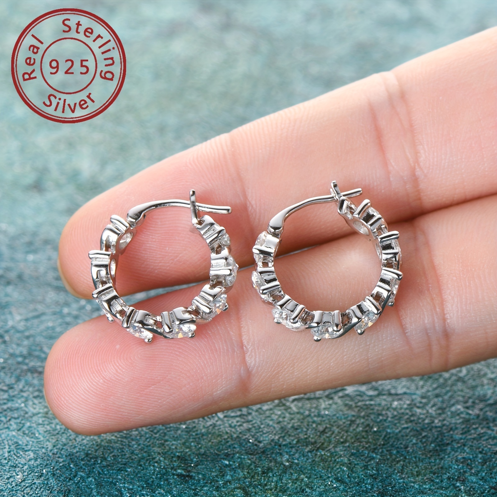 elegant 925 sterling silver hoop earrings with 4mm round cut moissanite stones 14k gold plated hoops for women synthetic april birthstone jewelry versatile for party wedding christmas 4 8ct total weight pair details 2