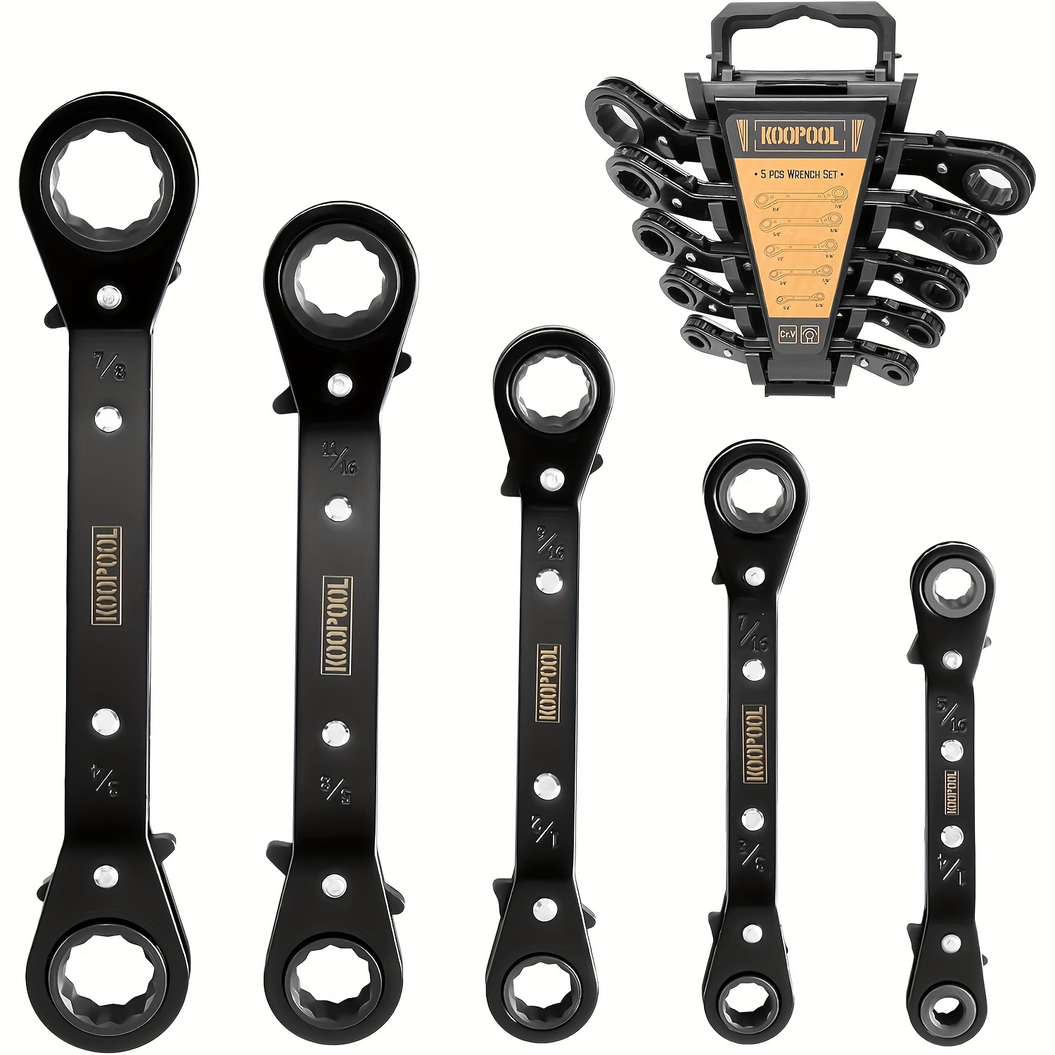 TEMU Sae Ratchet Box Wrench Set - 5pcs Offset Reversible Wrench, 12-point Matte Chrome Plated, Cr- With Storage Rack (1/4-7/8 Inch)
