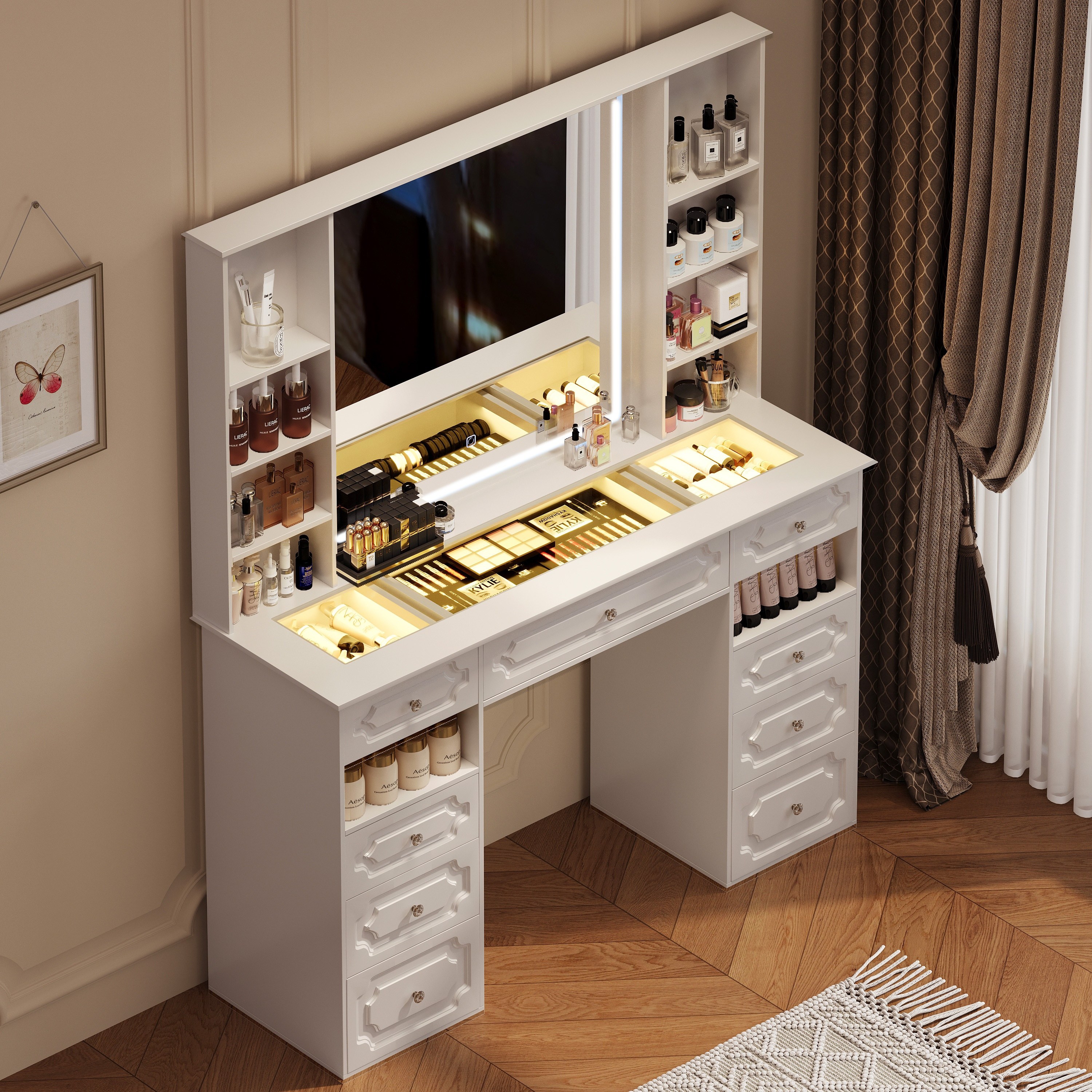 white christmas dresses Glass Top Vanity Table | Makeup Desk with Storage main image 0