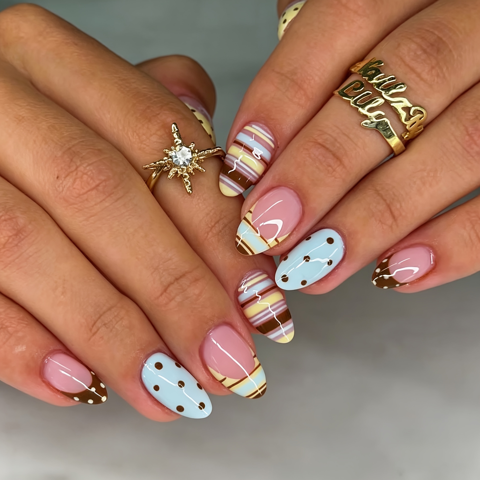 TEMU 10pcs Medium Long Almond Press-on Nails Candy Color Macaron Design Brown Polka Dot Stripe Cute Y2k Glossy Full Cover Reusable Press-on Nails Set
