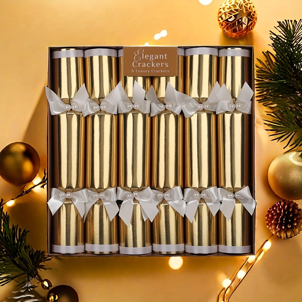 TEMU 6pcs/box Exquisite Christmas Crackers- Christmas Gift Set - Pearl Bow Element Inside Toy English Joke Paper - Golden Glossy Christmas Crackers-