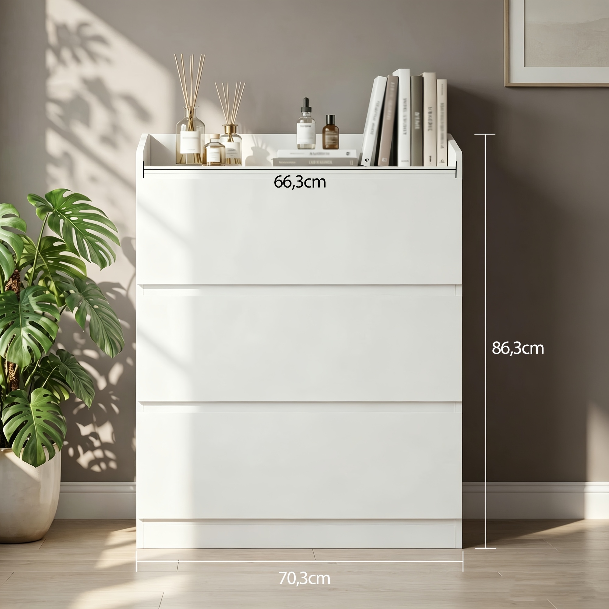 TEMU Commode à 3 tiroirs, 70,3 cm de large, meuble d'appoint avec comptoir, idéal pour et à coucher, barre horizontale supérieure, 40,3 x 70,3 x 86,3