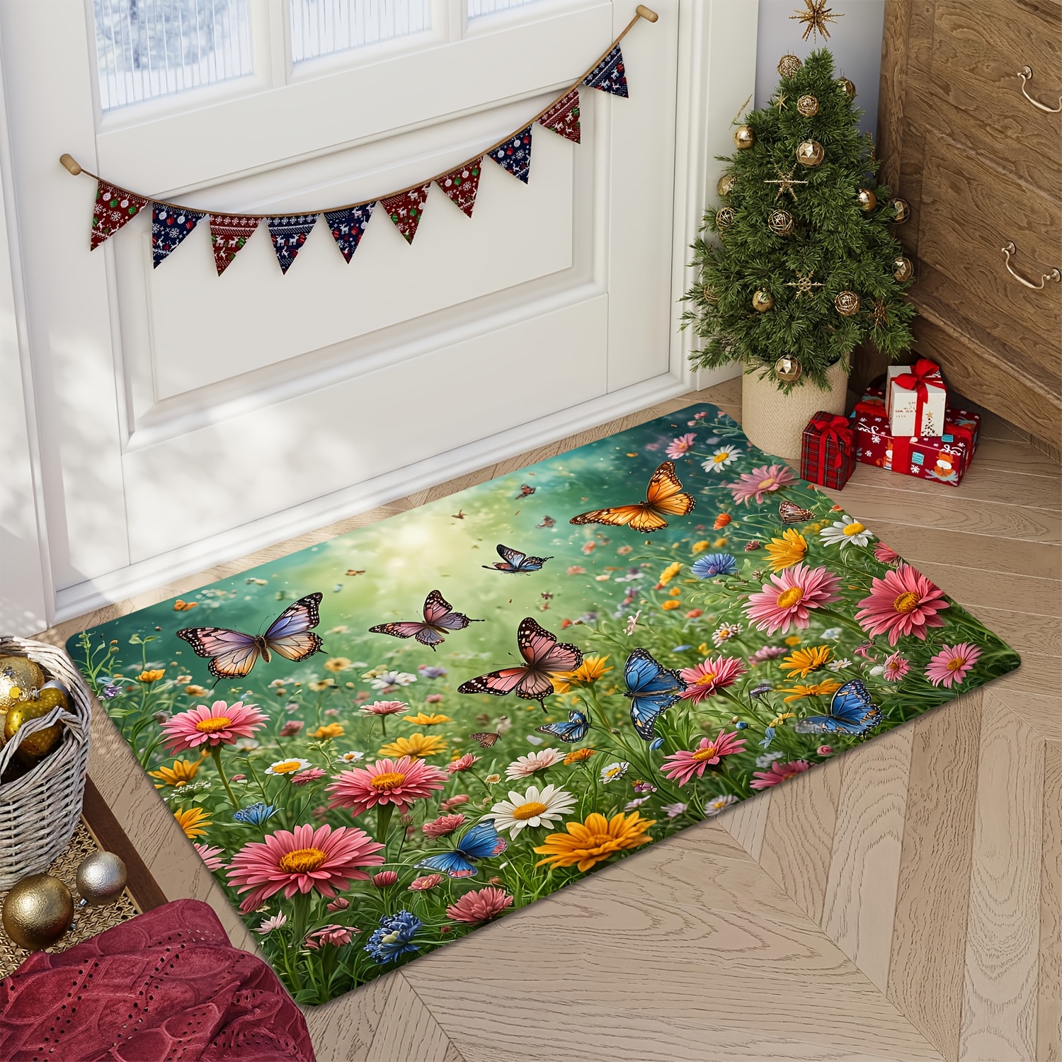 Image of 1pc Spring Floral & Mat Suitable For Entrance, Living Room, Bedroom - Soft Non-slip Machine-washable Rug With & Daisy Print,, Decor Mat