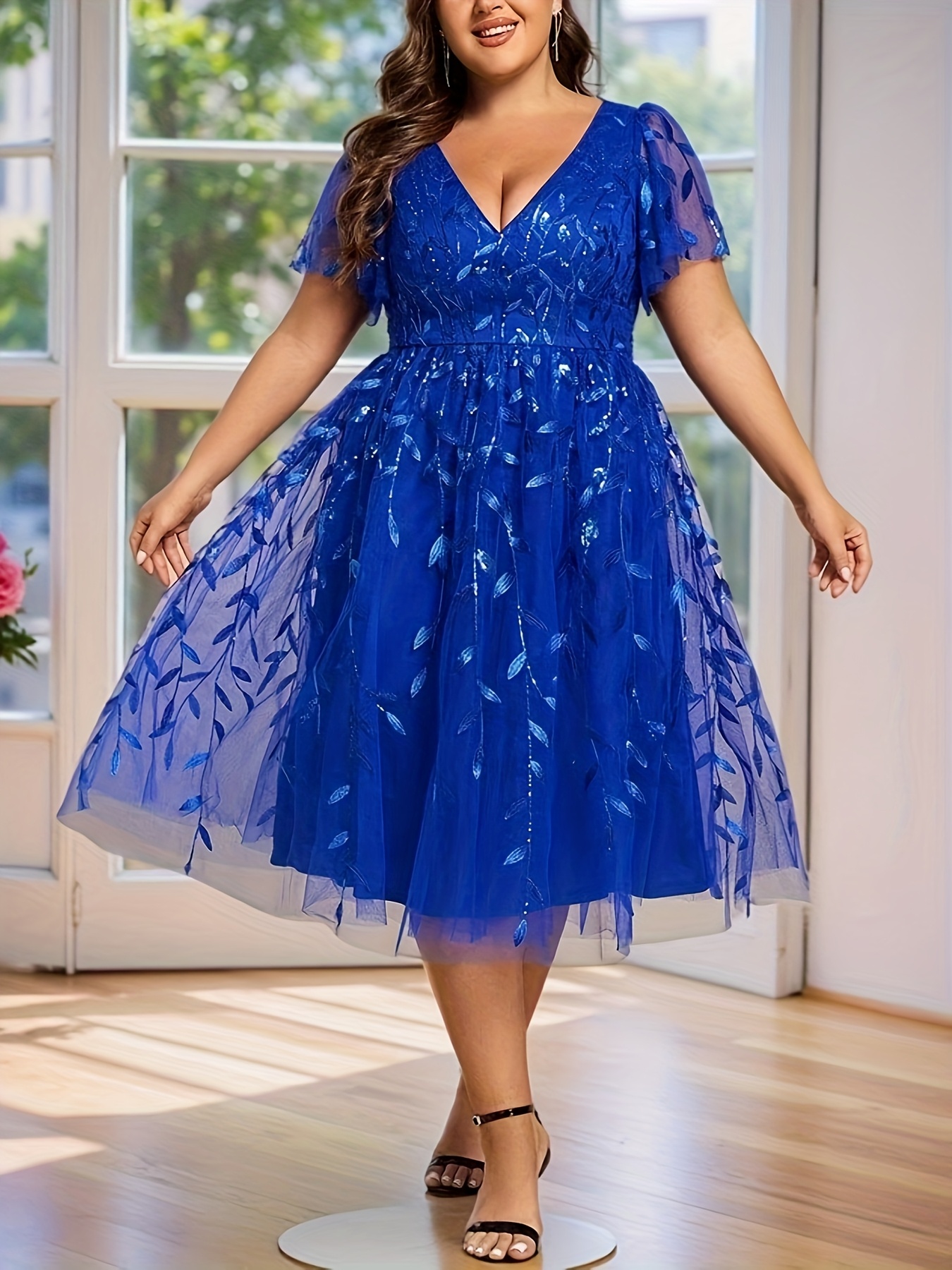 V Neck Plus Size Blue Party Dress Nevenka Womens Plus Size Sequin