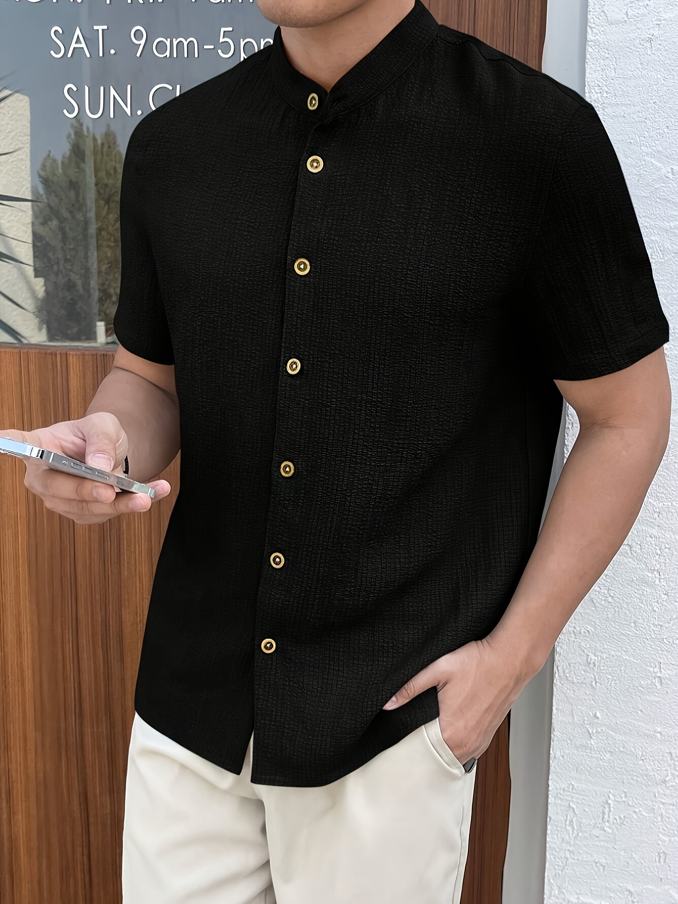 Men'S Lightweight Summer Casual Shirt - Solid Color Beige, Short Sleeve, Stand Collar, Button-Up, Breathable Woven Fabric for Outdoor & Weekend Wear, Relaxed Fit Shirt | Classic Collar Shirt | Durable Fabri