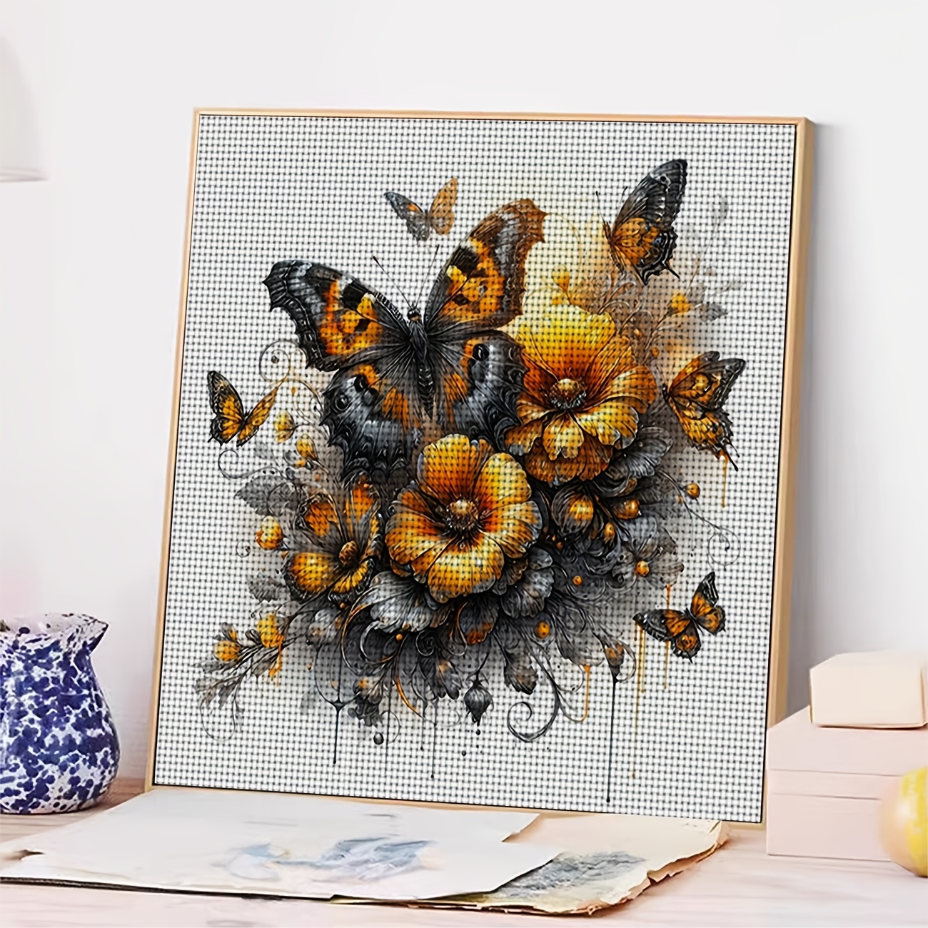 Cross Stitch Printed Kit, Frameless, Black And Yellow Butterflies Design