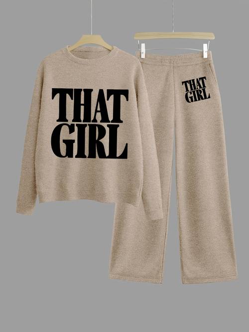 item picture that printed comfortable set crew neck sweater and wide leg pants loose fit stylish style soft texture trendy loungewear casual days