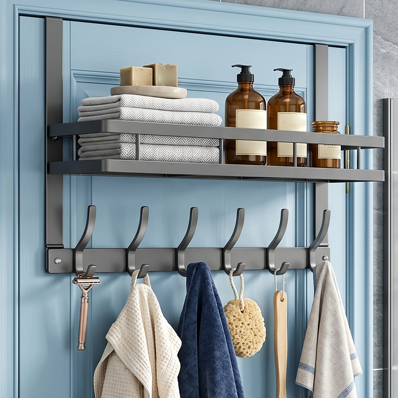 Door Hooks Double Layer Storage Shelf No Drill Hanging