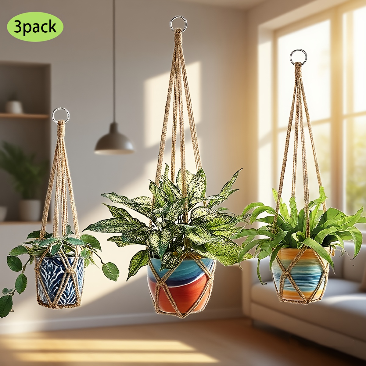 Image of Macrame Plant Hanger Set Of 3 Indoor Hanging Planter Baskets 35"/29"/23" Woven Rope Flower Pot Crochet Plant Holder Stand For Boho Home Decor No Tassels