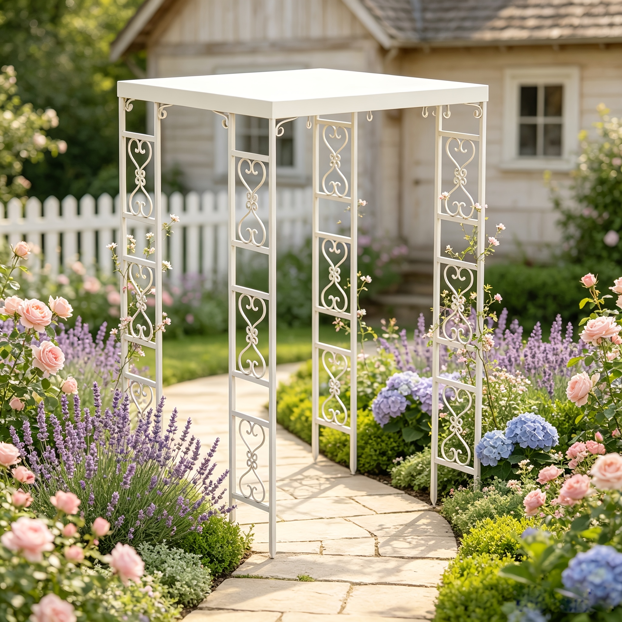 Image of 270x180x180cm Garden Gazebo Trellis Climbing Square Wedding Canopy With Rainproof White Metal Geometric Pergola Rose Plant Support Engagement Ceremony Background Stand Decor For Outdoor