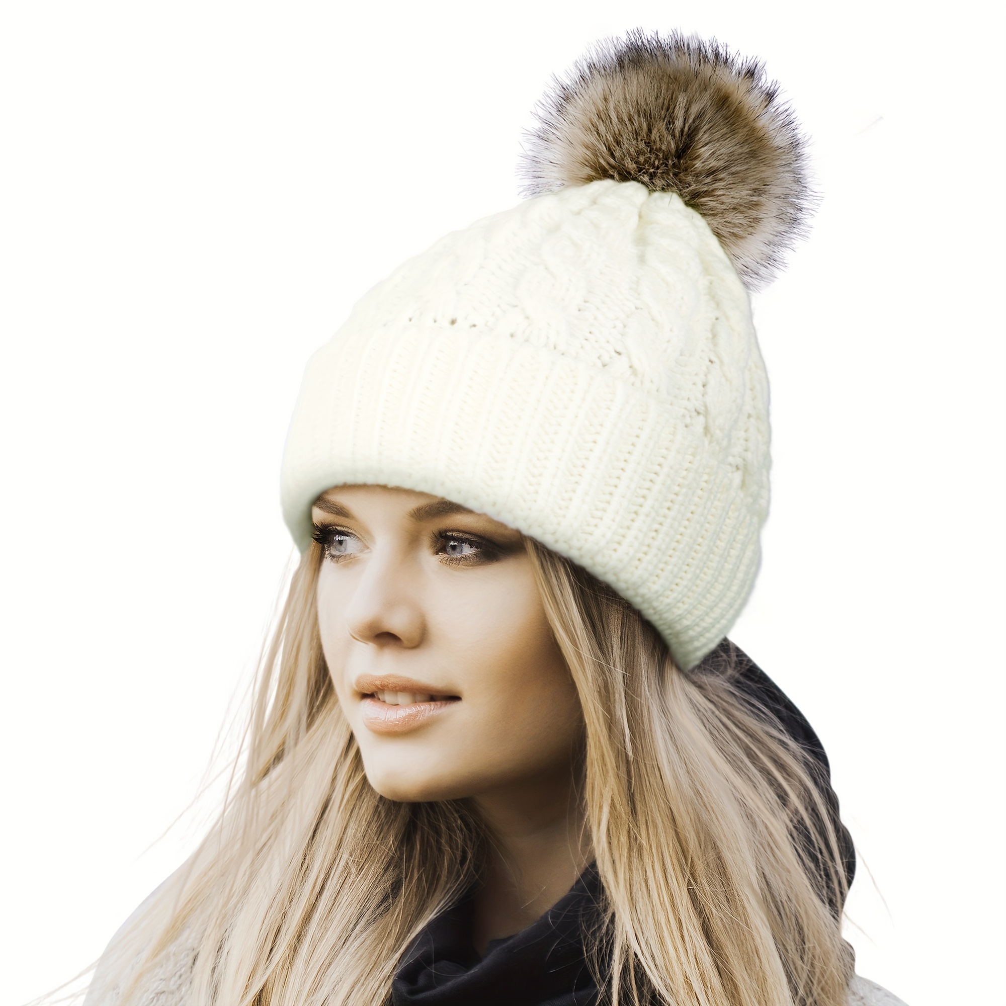 ?Piozaed Faux Fur Pom Women White Soft Knit Beanie Warm Fleece Lining Skull Hat Amazon.com: PIOZAED Women main image 2