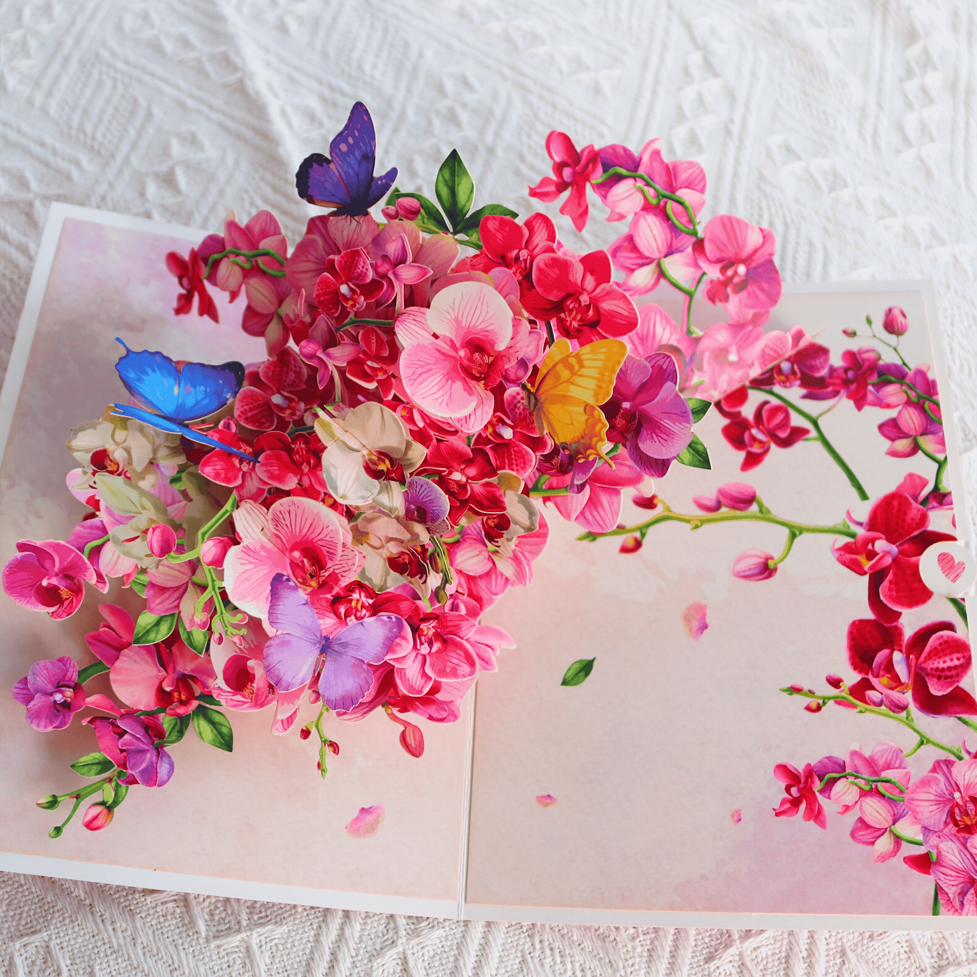 E-shop 3D Pop-Up Orchideen-Grußkarte mit rosa Blumenarrangement und Schmetterlingen, ideal für Muttertag, Geburtstage, Jahrestage und