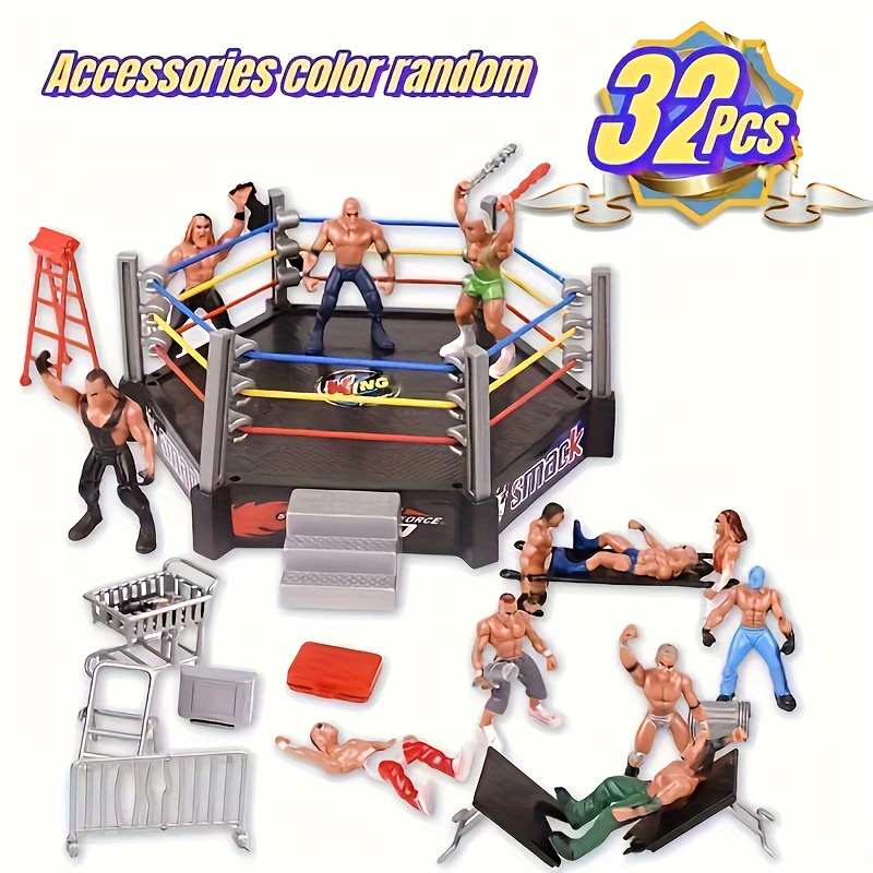 

32 Mini Wrestling Dolls And Accessories, With 12 Wrestling Action Dolls, A Hexagonal , A Cage, And Many Realistic Accessories, Birthday, Christmas, And Gifts