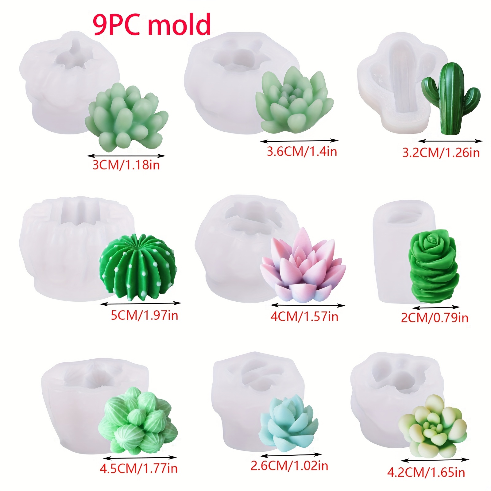 E-shop 9-teiliges Set Sukkulenten Pflanzen Kerzenformen 3D Sukkulenten Kaktus Silikonformen, handgefertigte Aromatherapie Kerzen, Seife, Gips, Harz