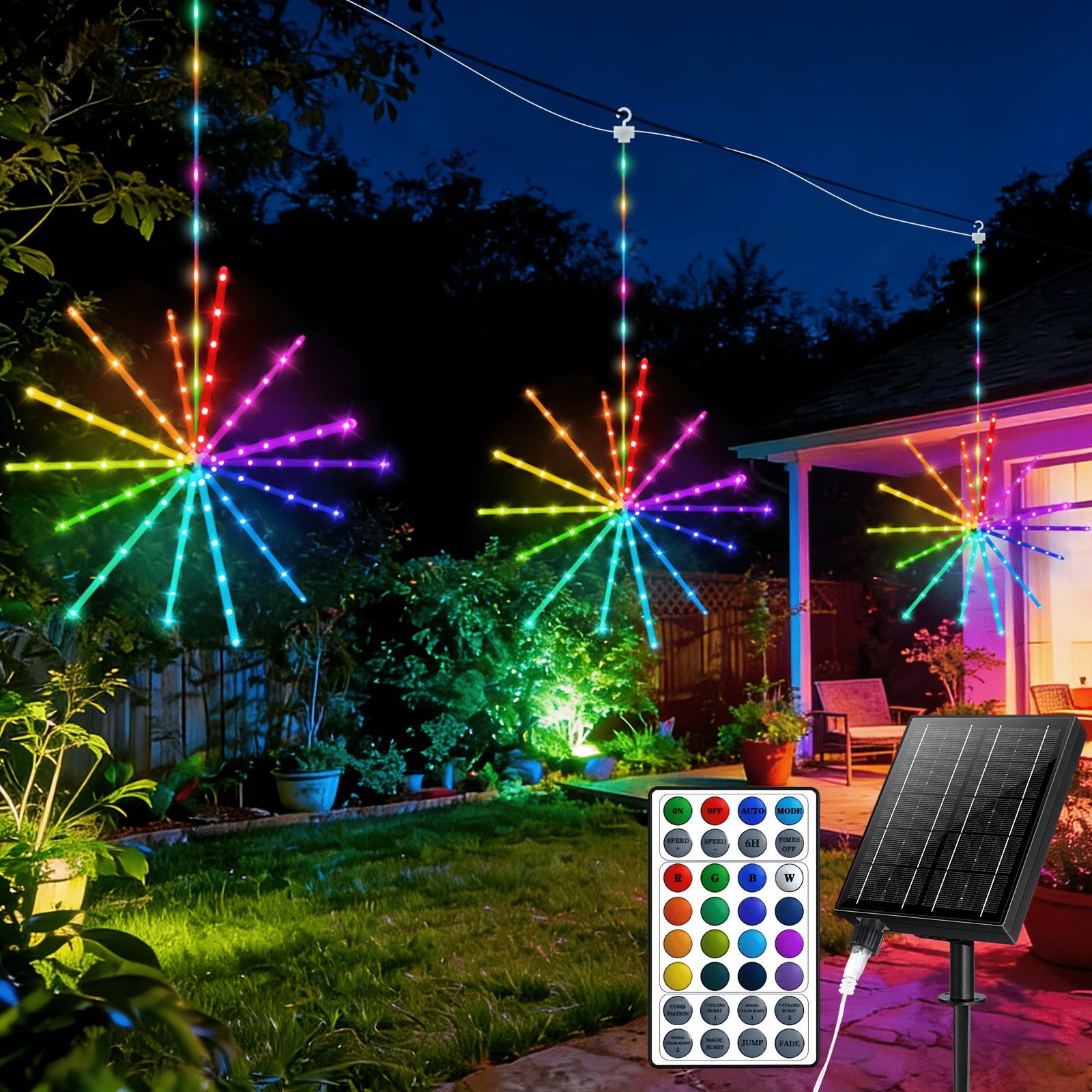 TEMU Solar Powered Explosion Light Fireworks Fairy Explosion Light Star String 342 Led Shooting Star Lights With Remote Control Usb Charging, 64