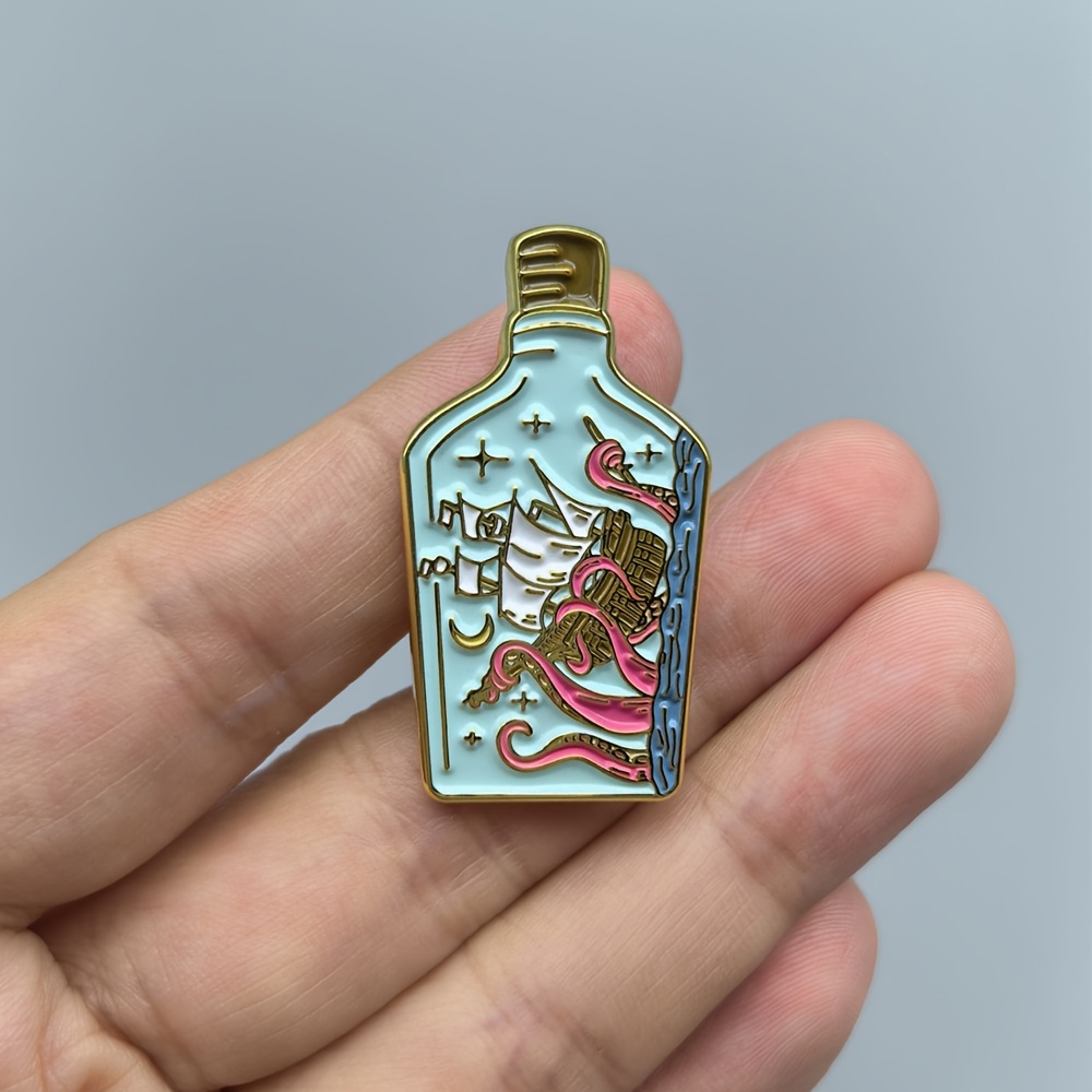 TEMU Pin de Esmalte de Botella de Dibujos Animados - Monstruo y Barco en Botella Broche, Metálica para Solapa, Sombrero, Mochila, Accesorio de