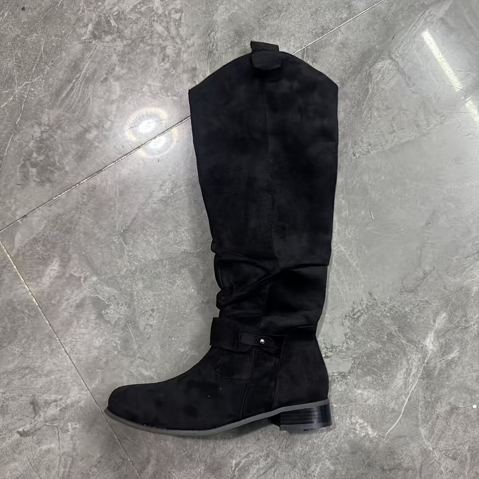 TEMU Women's Retro Western Boots Suitable For Riding & Winter - Wide Width Slouchy Knee-high Tall Boots With Cover Upper, Low Block Heel, Back Zipper