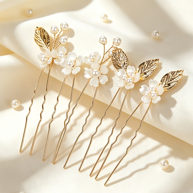 TEMU 5pcs Pinces à Cheveux Dorées Faites Main avec Fleurs et Feuilles de Perles, Accessoires de Fête de Mariage