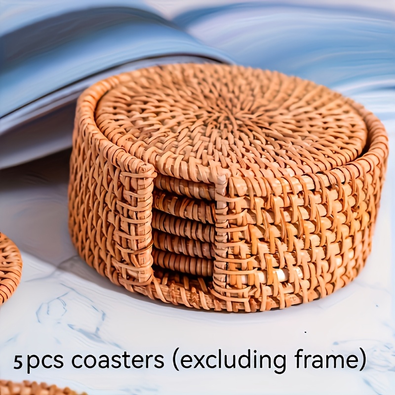 

5pcs Bamboo Rattan Coaster Set - Heat-resistant, Round Mats For Tea Cups & Bowls, Coaster Set