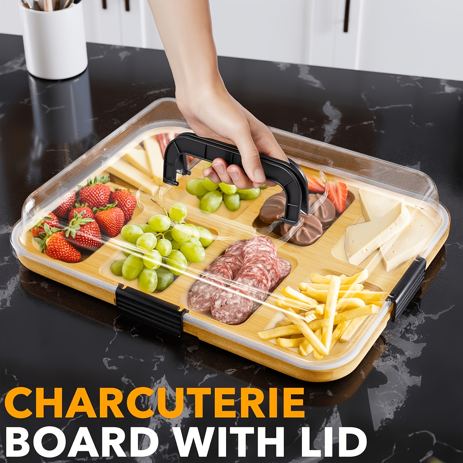 TEMU 1pc Bamboo Cheese Board With Black And White Lid, Clear Acrylic Cover With Handle, Leakproof Fresh-keeping Charcuterie Tray For Camping, Parties