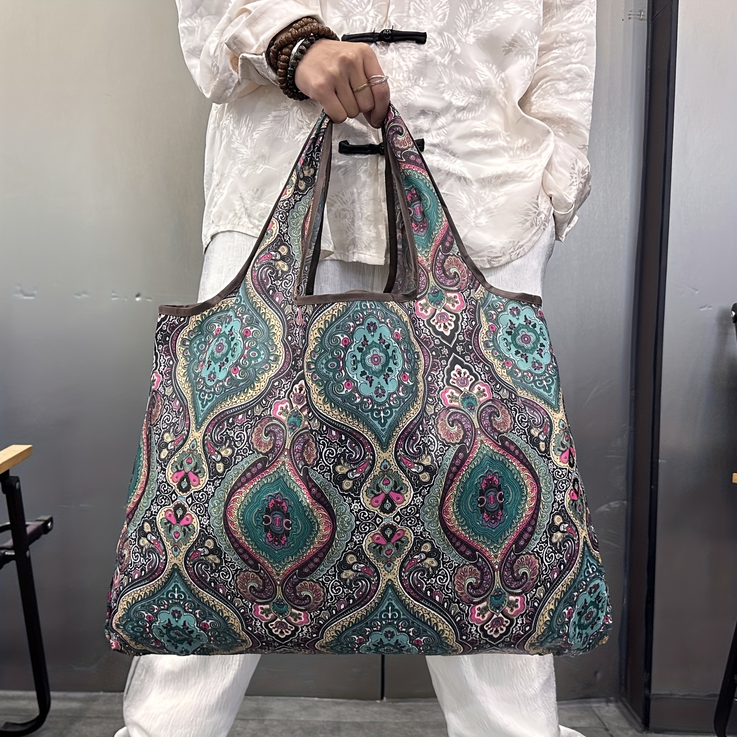 Large Capacity Nylon Tote Bag For Women, Portable Blue Floral Pattern Foldable Handbag, Lightweight Travel Shoulder Bag For Daily Shopping And Trips