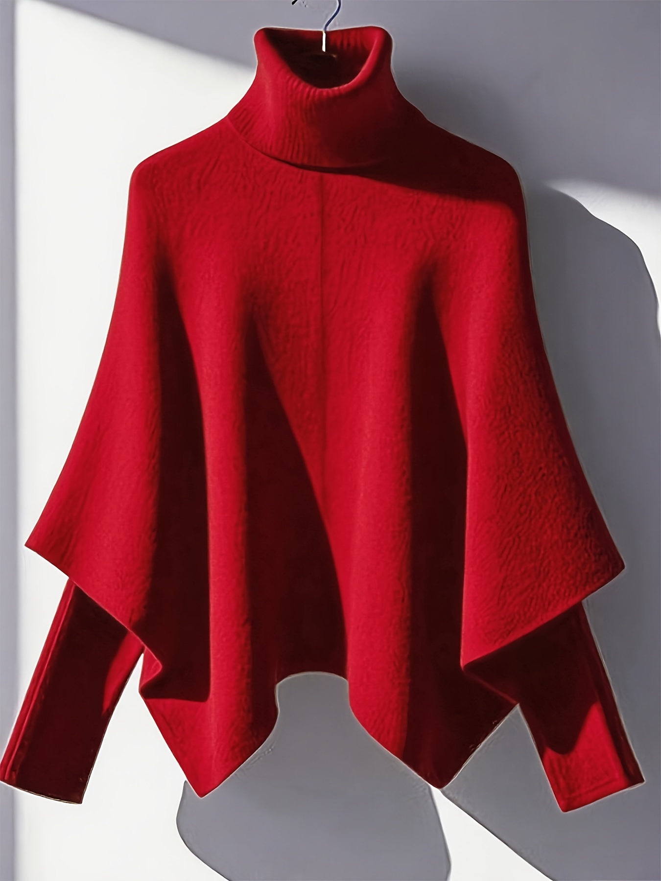 Women S Elegant Sweater - Rich Red, Batwing Sleeves, High Neck Pullover Sweater for Fall/Winter, Formal & Everyday Chic Outfits - Women S Sweater Sweater, Sweater, Winter Wardrobe, Sophisticated Style, Textured Fabric, Fall Fashion, Cozy Material, Stylish Top, Office Wear