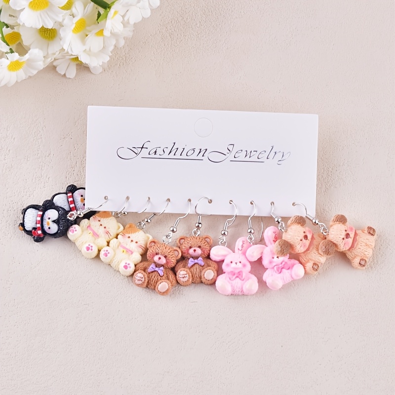 TEMU 5 de Pendientes Colgantes de Moda para Mujer con Diseño de Animales Adorables: Oso, , Cachorro, Gato y de Resina