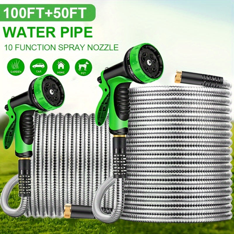 

2pcs Stainless Steel Garden Hoses - 100ft & 50ft, Lightweight & With High-pressure Nozzle For Yard, Car Wash & Watering - Flexible Design