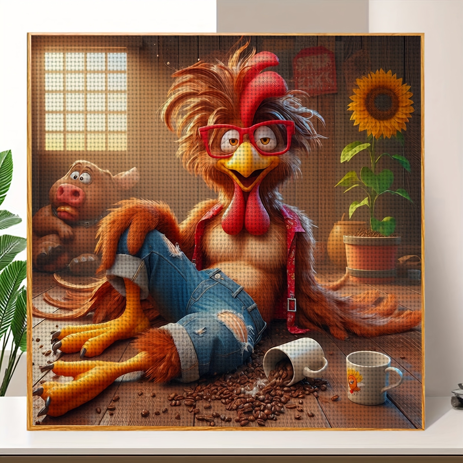 Frameless Printed Fabric Cross Stitch DIY Kit, Rooster Design for Home Decor