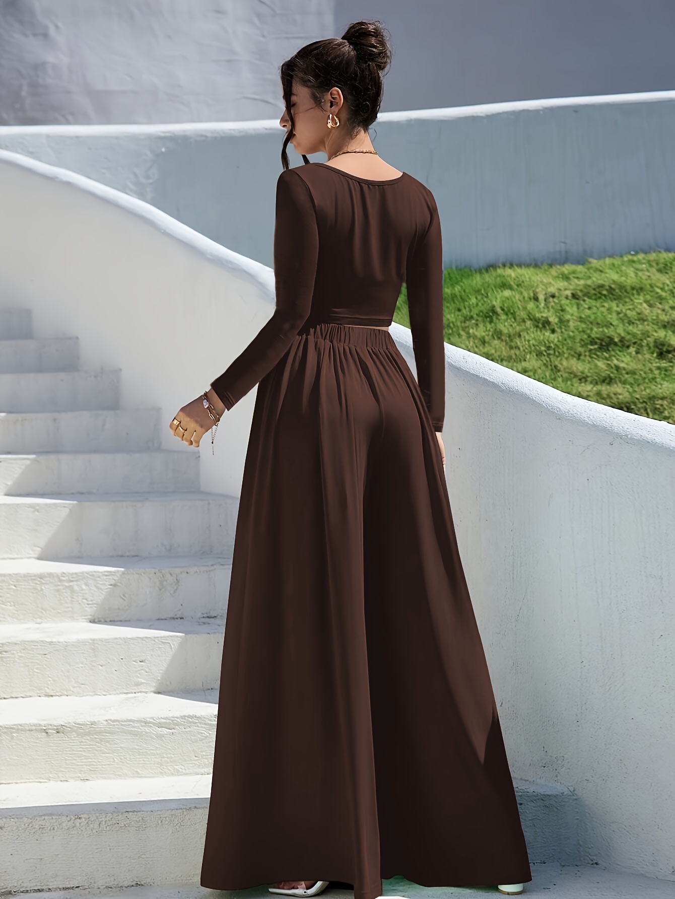 solid color elegant pant set crew neck long sleeve t shirt Temu