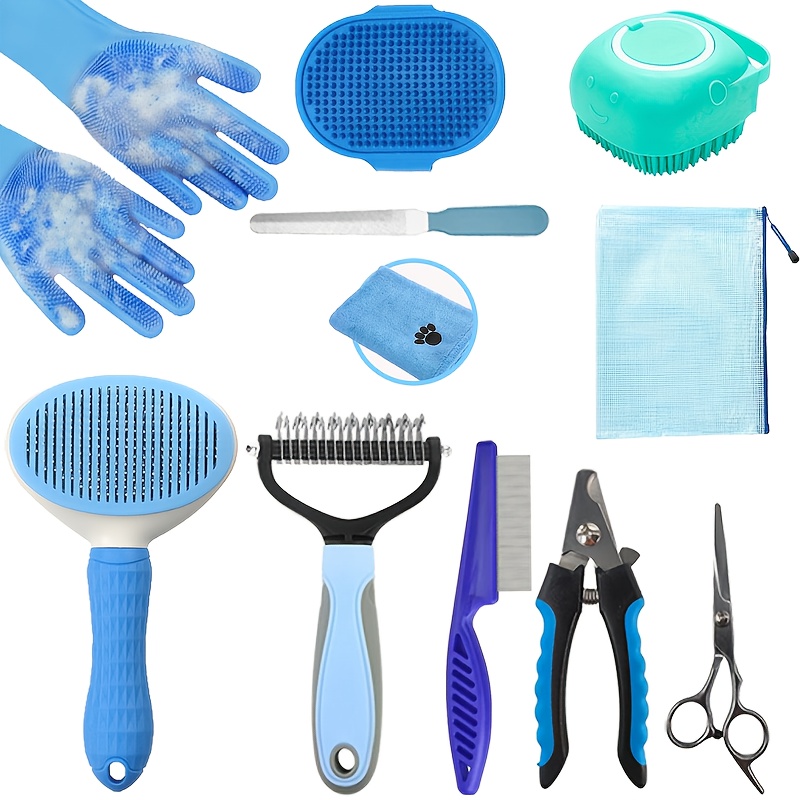 11pcs Pink Grooming Set Including Deshedding Gloves, Brushes, Scissors, And A Towel - Perfect For Pet Grooming Services