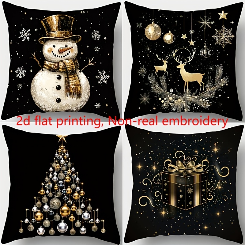 TEMU 2d Flat - Set Of Four, Featuring Two-dimensional Printing And Embroidery, This Christmas-themed Zipper Throw Pillow Cover Showcases Clever