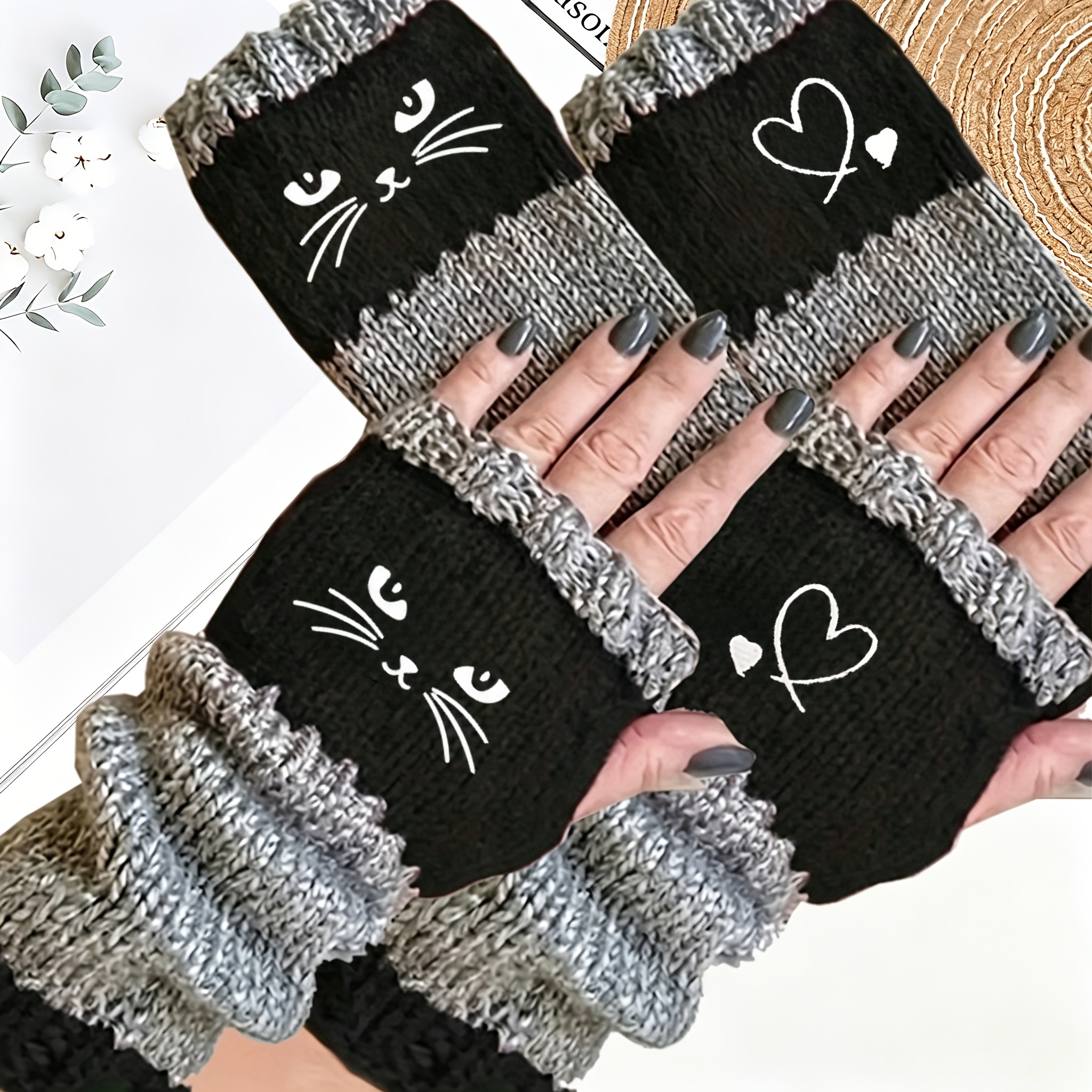 TEMU /set Autumn Winter Pairs Color-block Retro Fingerless Gloves Thickened Women's Casual Gloves