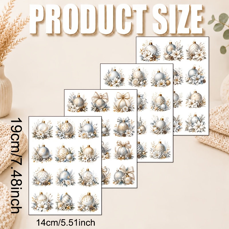4 sheets set silvery white holiday hanging ball transfer paper soft matte textured decorative orb floral and botanical pattern transfer simple light luxury winter decoration transfer suitable for mugs coffee cups 16oz glass tumblers