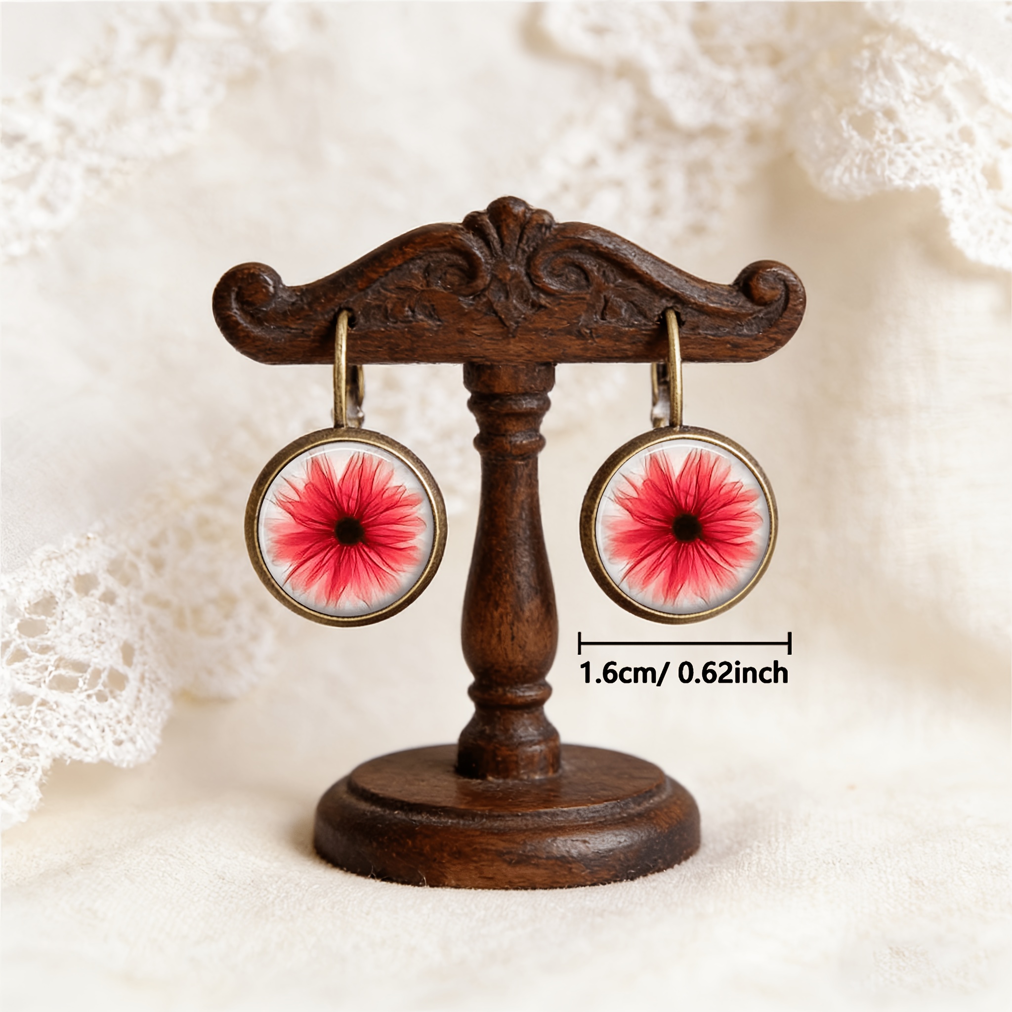Cyan Round Classical Earrings with Red Petals Design