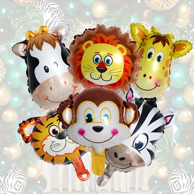 

6pcs, Cute Jungle Animal Head Foil Balloons, Forest Lion Tiger Giraffe Aluminum Film Birthday Party Decoration Balloon, Baby Shower Decor, Home Room Decor