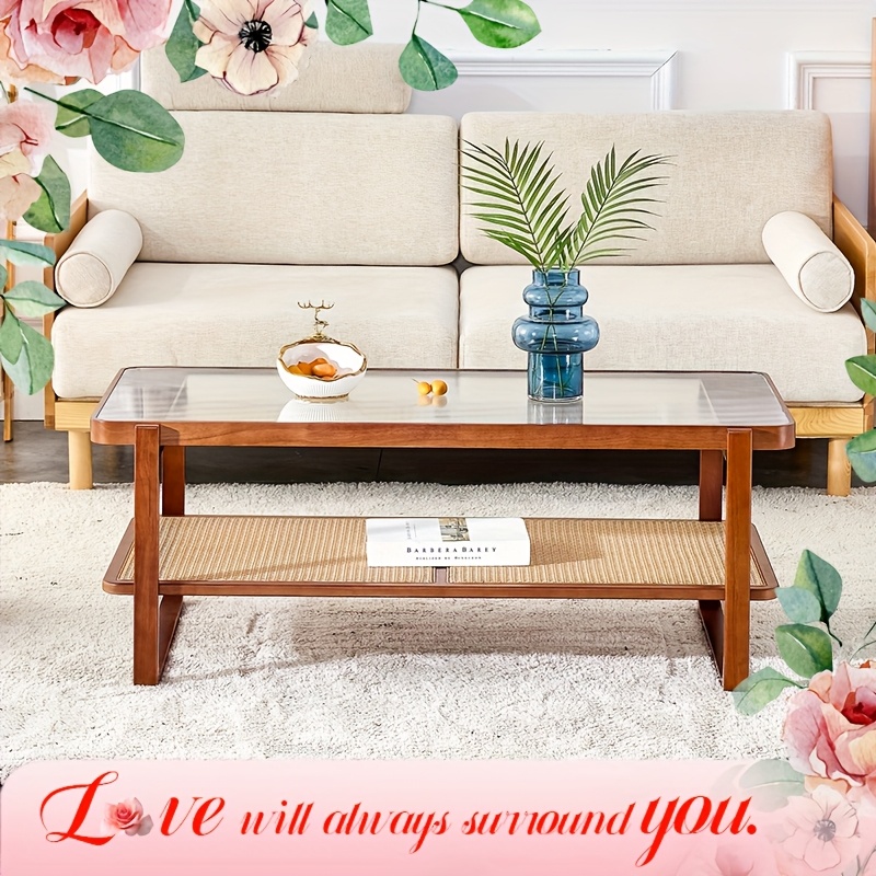 

Modern Rectangle Glass Desktop Coffee Table Rattan Woven Side Tea Table For Living Room